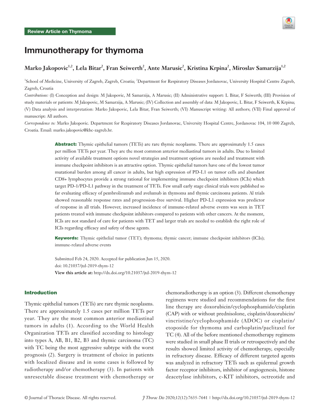 Immunotherapy for Thymoma