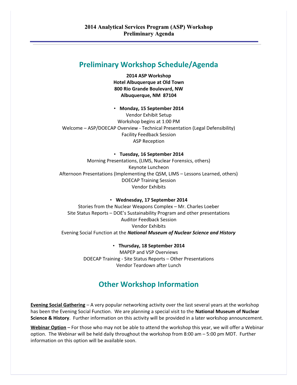 2014 Analytical Services Program (ASP) Workshop