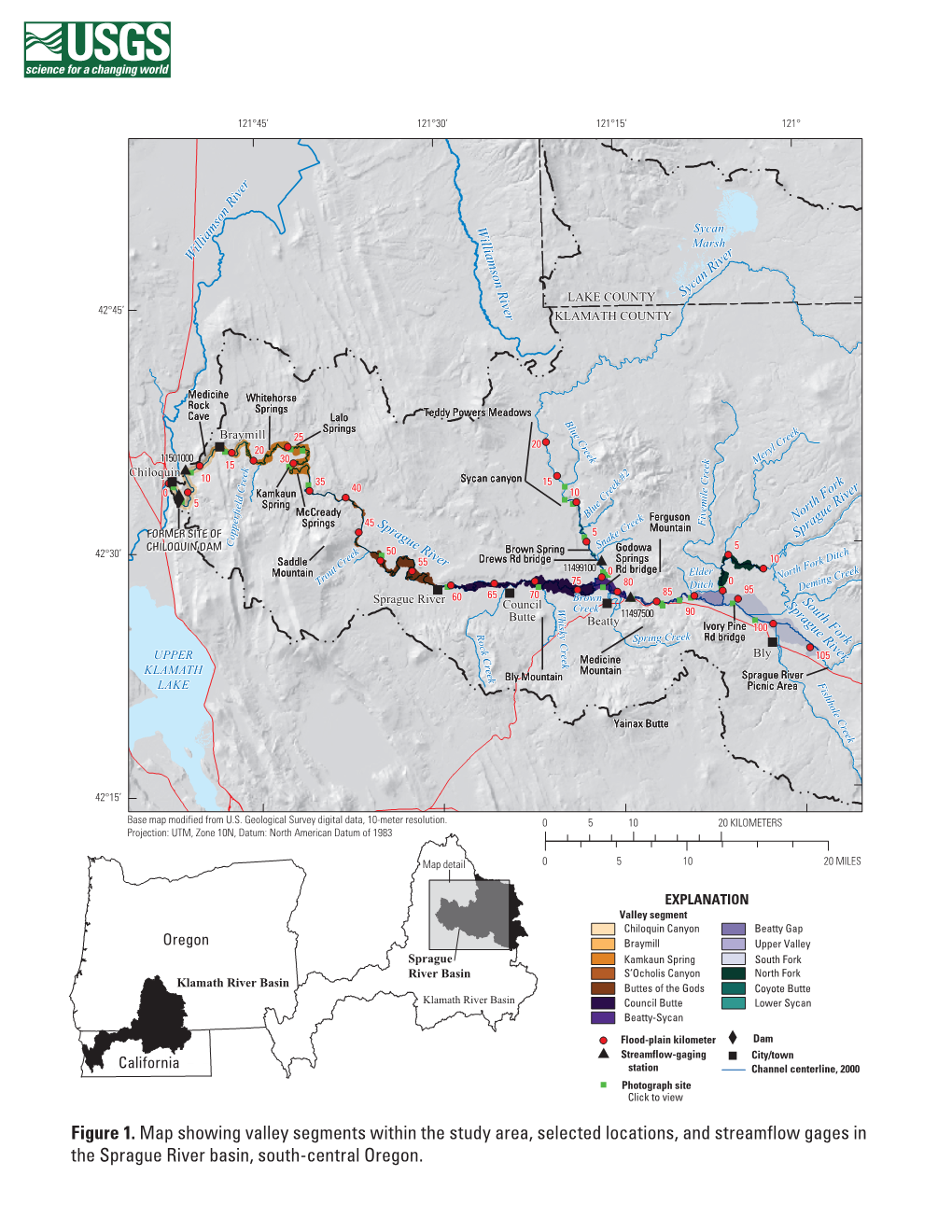 Figure 1. Map Showing Valley Segments Within the Study Area, Selected Locations, and Streamflow Gages in the Sprague River Basin, South-Central Oregon