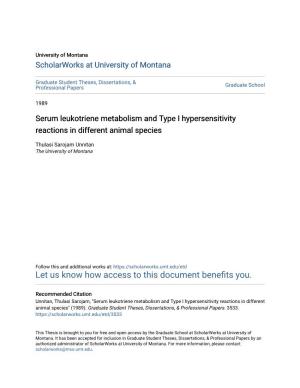 Serum Leukotriene Metabolism and Type I Hypersensitivity Reactions in Different Animal Species