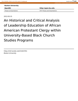 An Historical and Critical Analysis of Leadership Education of African American Protestant Clergy Within University-Based Black Church Studies Programs