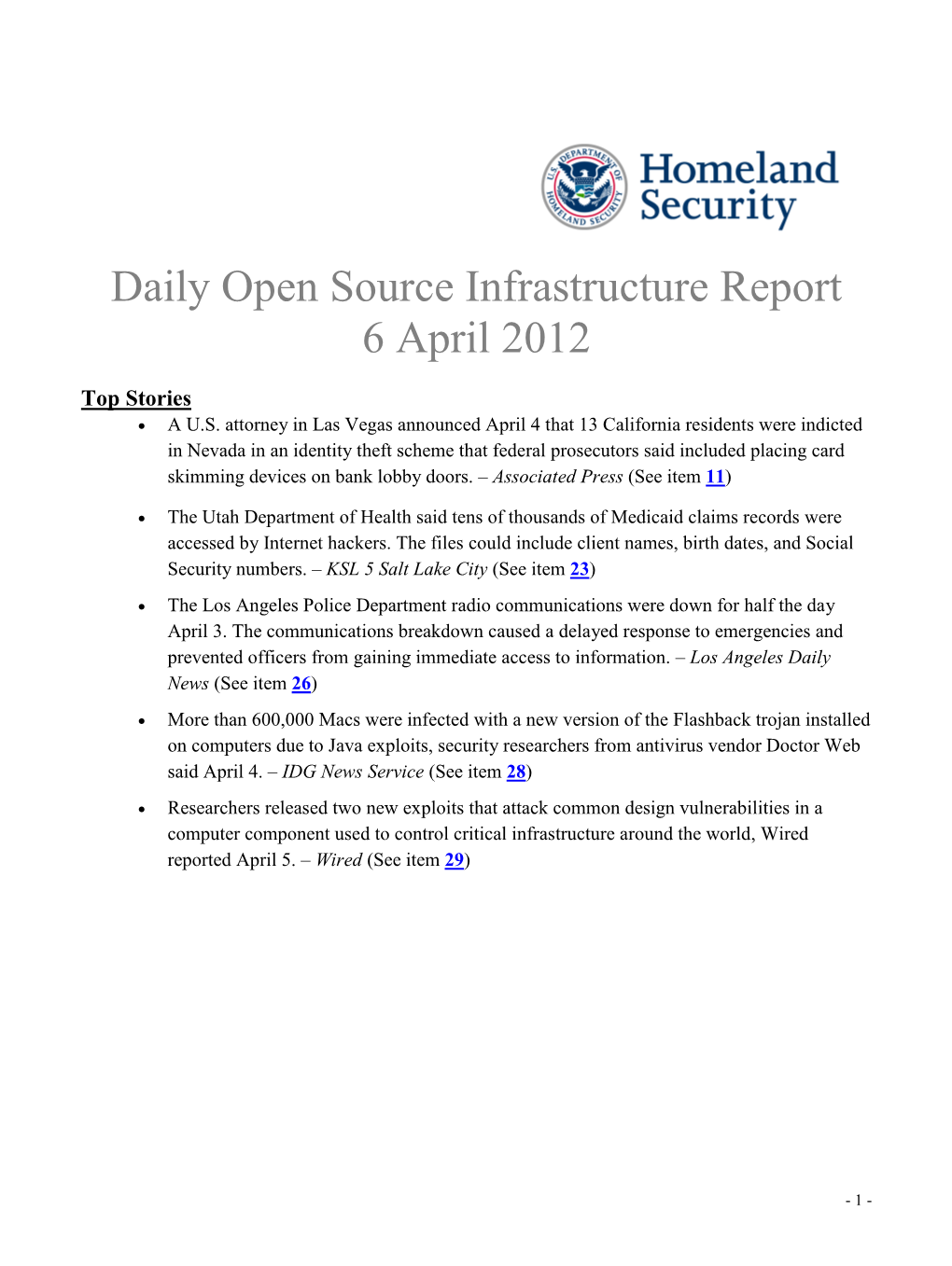 Daily Open Source Infrastructure Report 6 April 2012