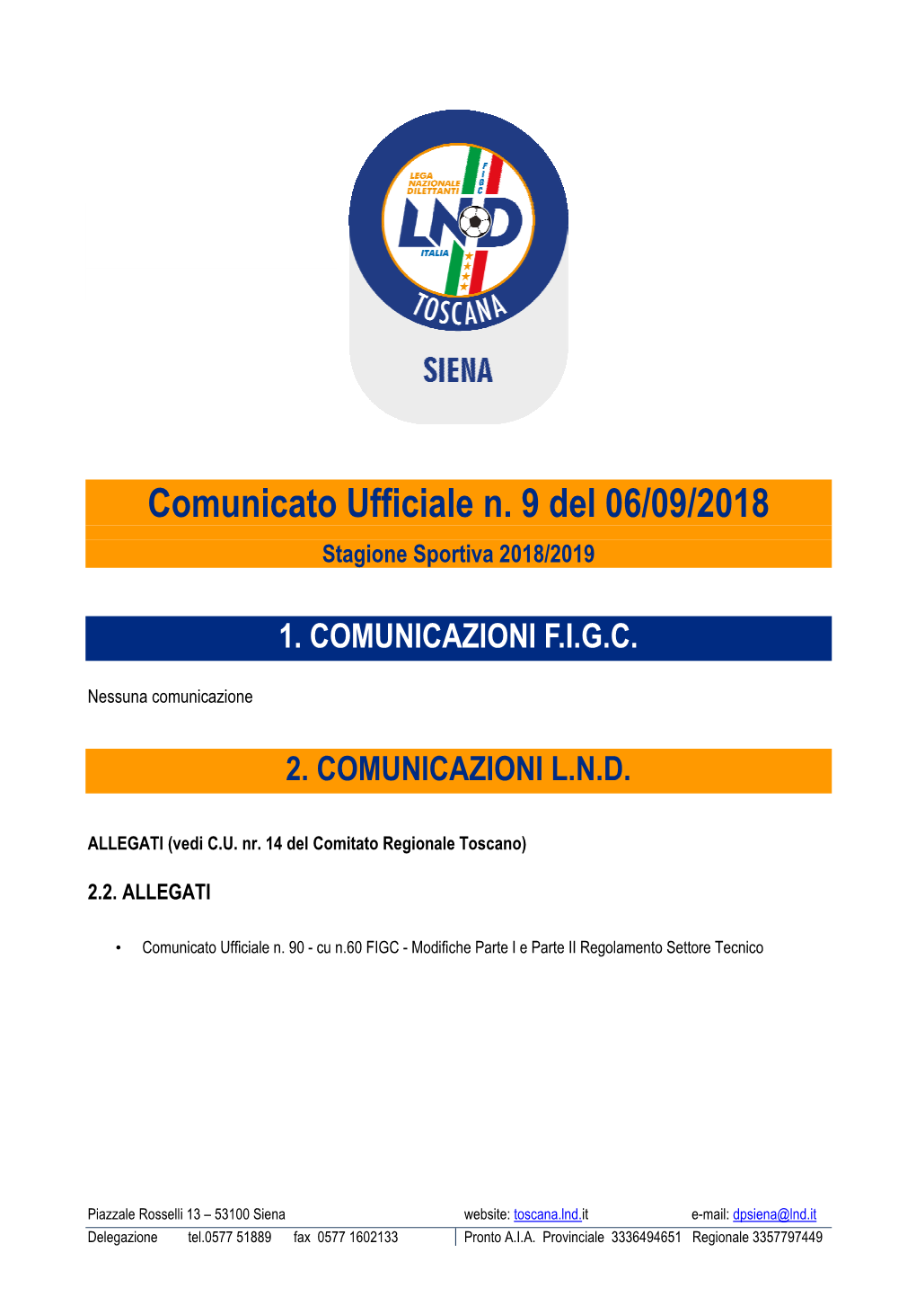 Comunicato Ufficiale N. 9 Del 06/09/2018