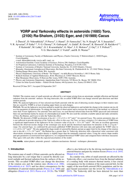 YORP and Yarkovsky Effects in Asteroids (1685) Toro, (2100) Ra-Shalom, (3103) Eger, and (161989) Cacus