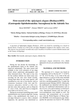 First Record of the Aplysiopsis Elegans (Deshayes1853) (Gastropoda Opisthobranchia: Saccoglossa) in the Adriatic Sea