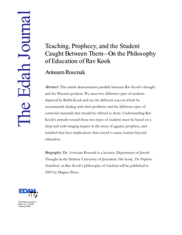 Teaching, Prophecy, and the Student Caught Between Them—On the Philosophy of Education of Rav Kook