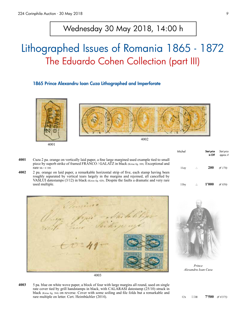 Lithographed Issues of Romania 1865 - 1872 the Eduardo Cohen Collection (Part III)