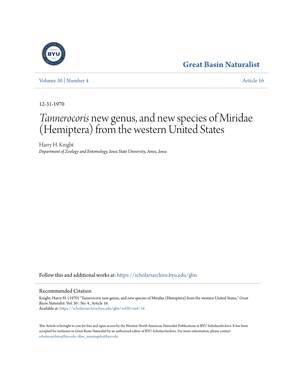 Tannerocoris New Genus, and New Species of Miridae (Hemiptera) from the Western United States Harry H