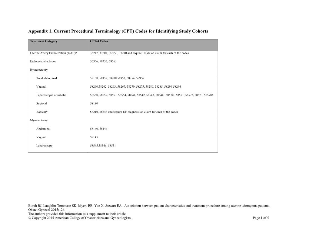 Appendix 1 Current Procedural Terminology Cpt Codes For Identifying