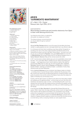 ARIES “JURAMENTO MANTARRAYA” LP + Mp3 / CD / Digital Release Date: April 26Th, 2019