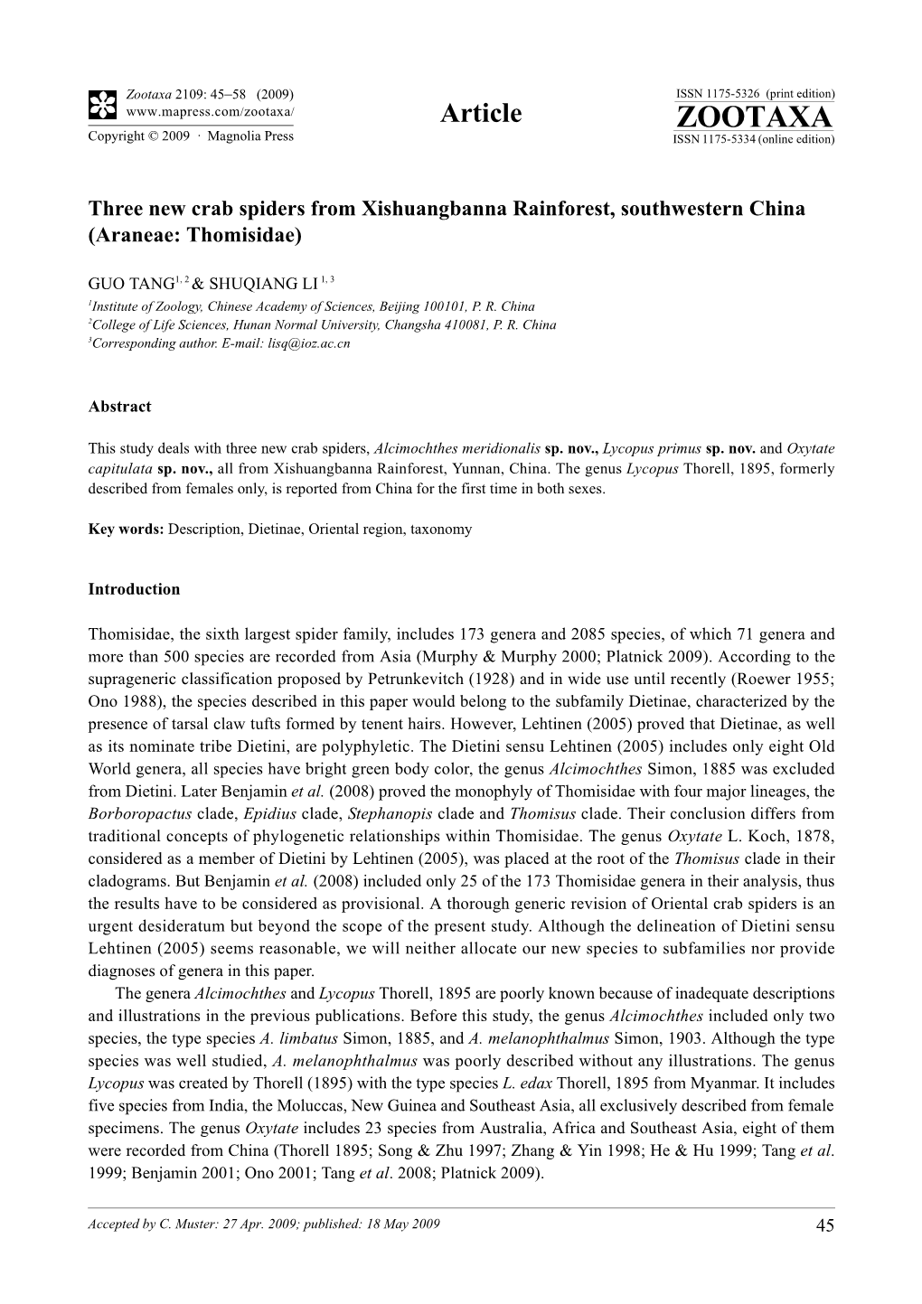 Zootaxa, Three New Crab Spiders from Xishuangbanna Rainforest