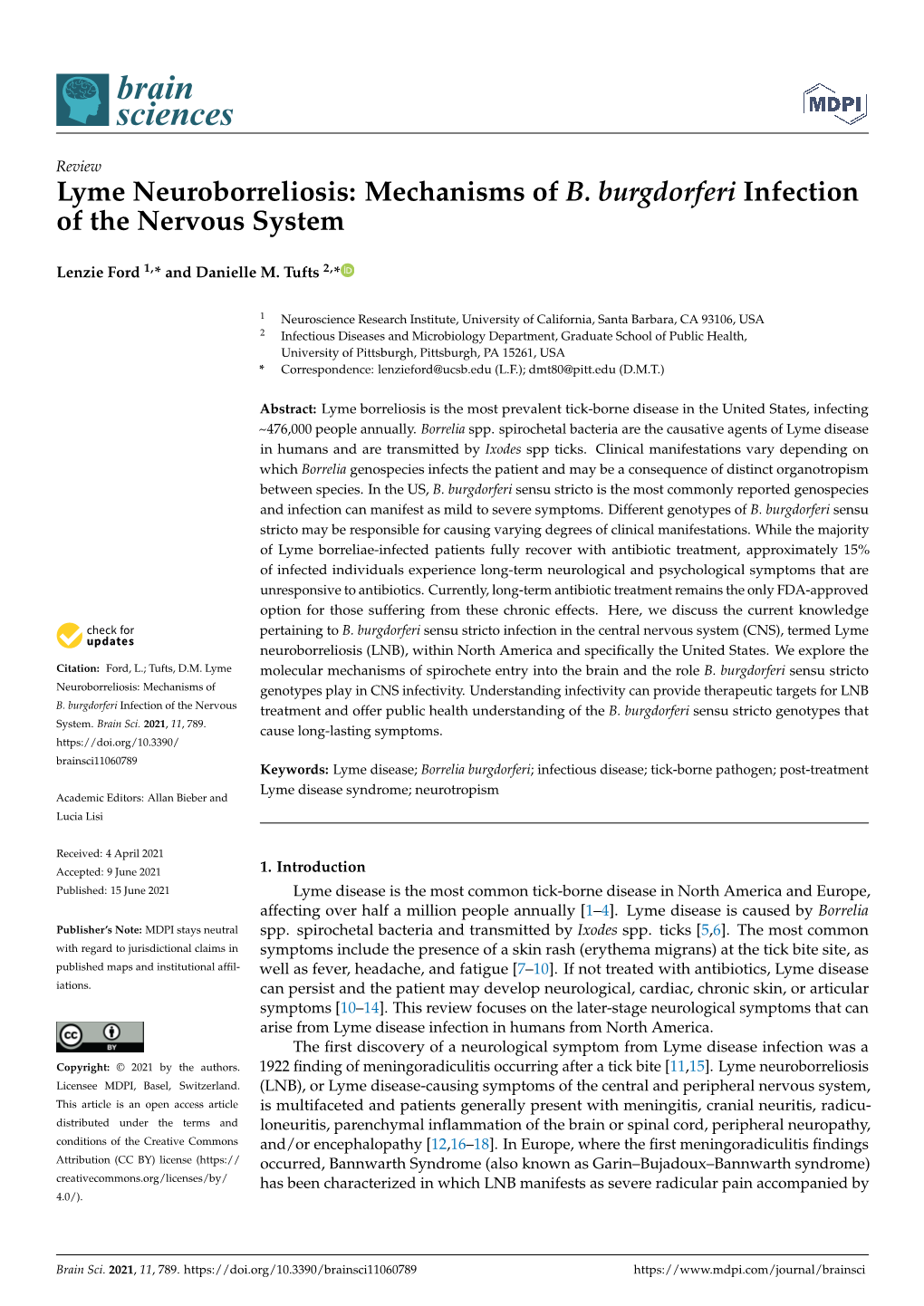 Lyme Neuroborreliosis: Mechanisms of B. Burgdorferi Infection of the ...