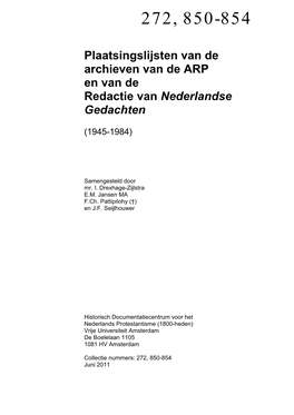 Plaatsingslijsten Van De Archieven Van De ARP En Van De Redactie Van Nederlandse Gedachten