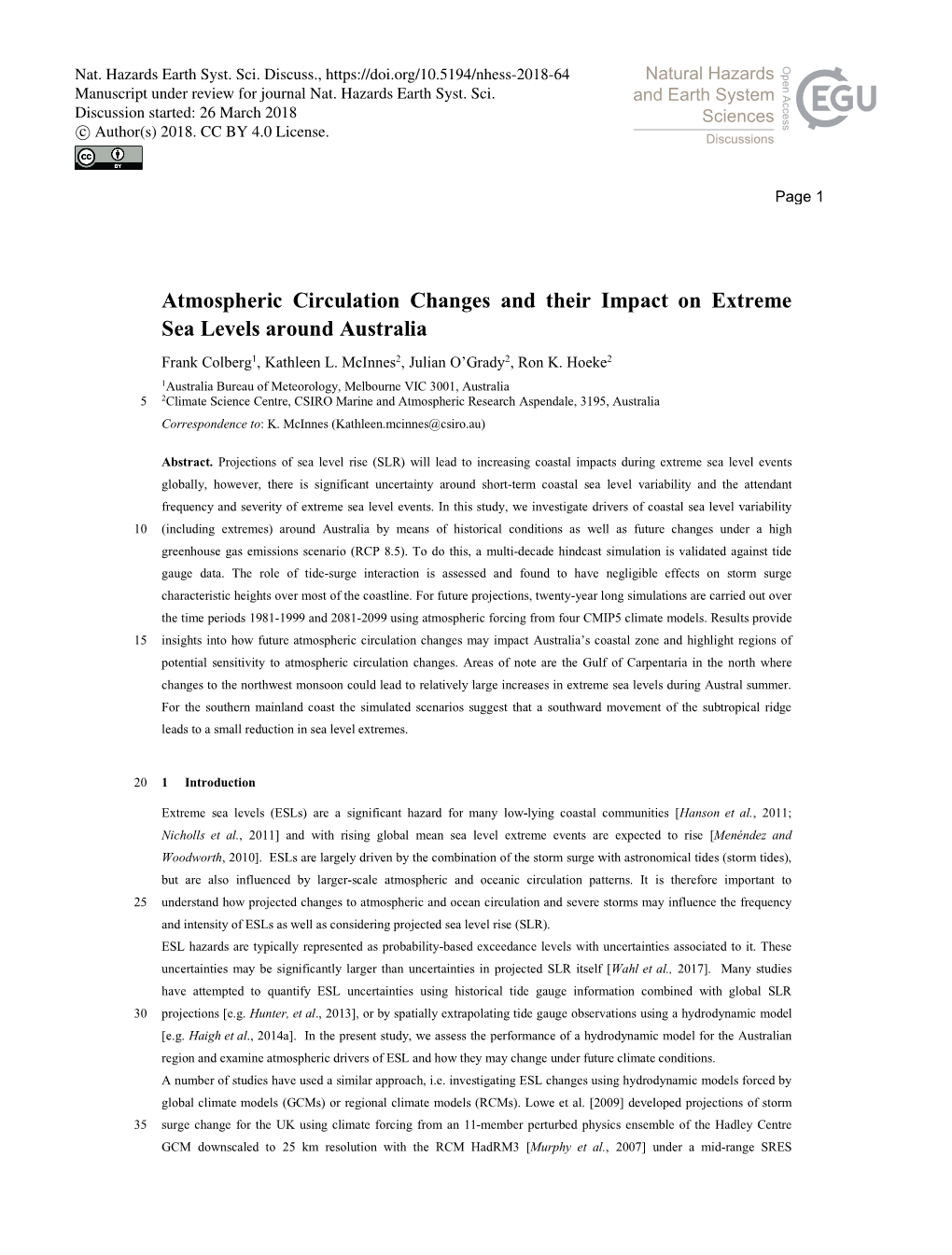 Atmospheric Circulation Changes and Their Impact on Extreme Sea Levels Around Australia Frank Colberg1, Kathleen L