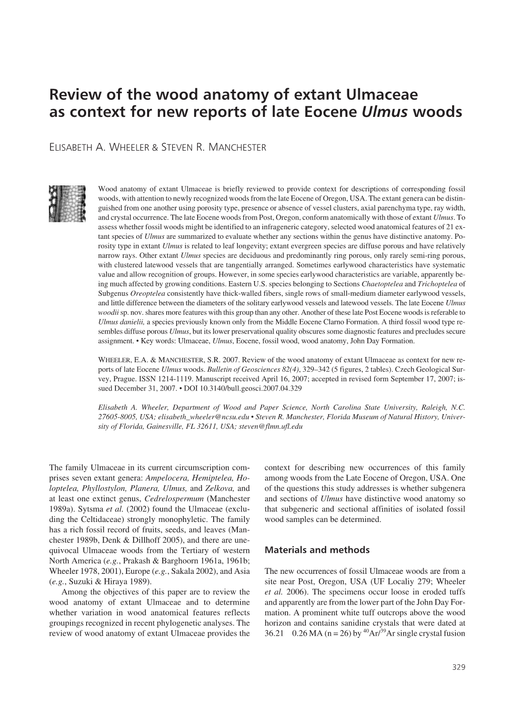 Review of the Wood Anatomy of Extant Ulmaceae As Context for New Reports of Late Eocene Ulmus Woods