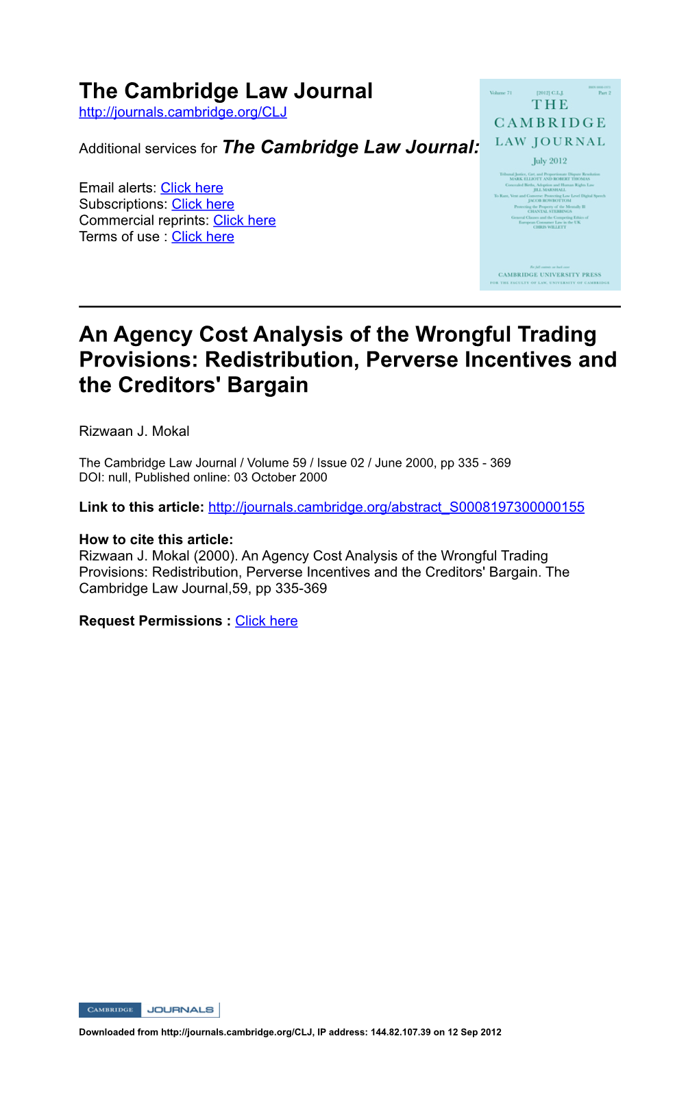 The Cambridge Law Journal an Agency Cost