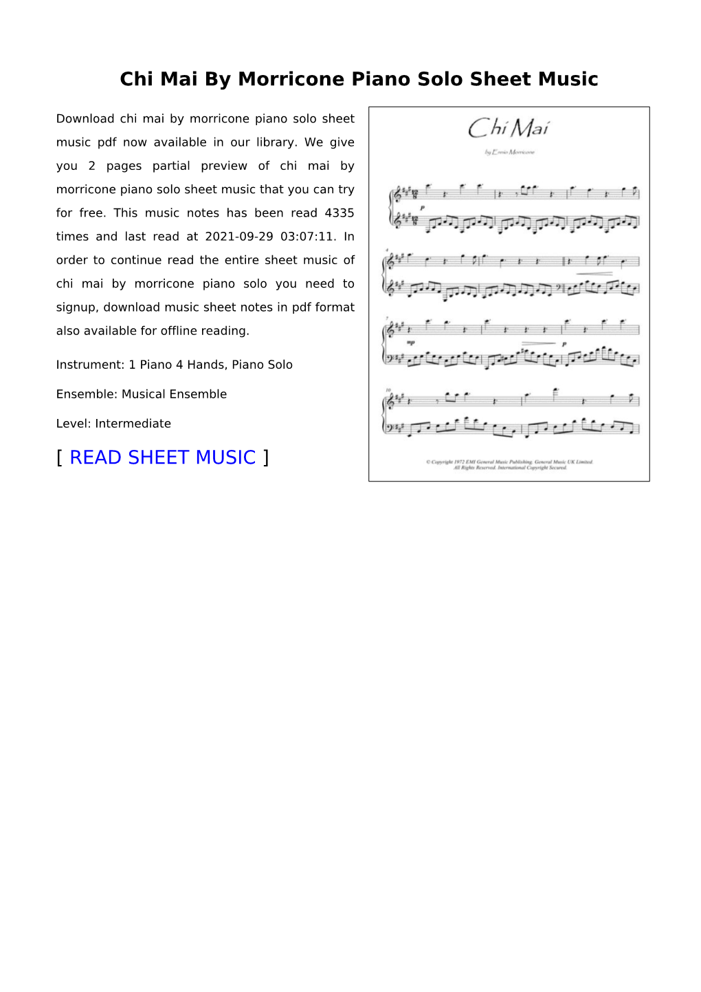 Chi Mai by Morricone Piano Solo Sheet Music