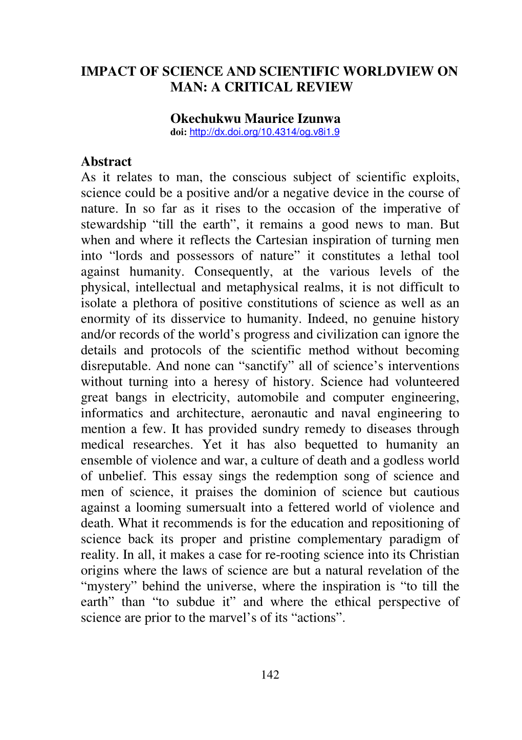 Impact of Science and Scientific Worldview on Man: a Critical Review