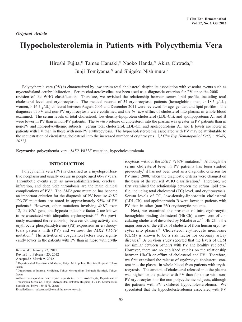 Hypocholesterolemia in Patients with Polycythemia Vera