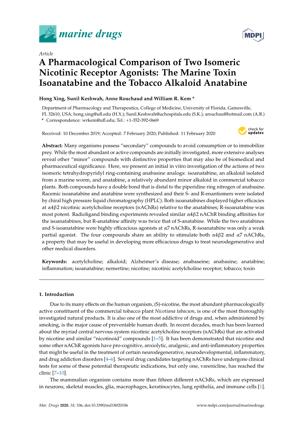 A Pharmacological Comparison of Two Isomeric Nicotinic Receptor Agonists: the Marine Toxin Isoanatabine and the Tobacco Alkaloid Anatabine