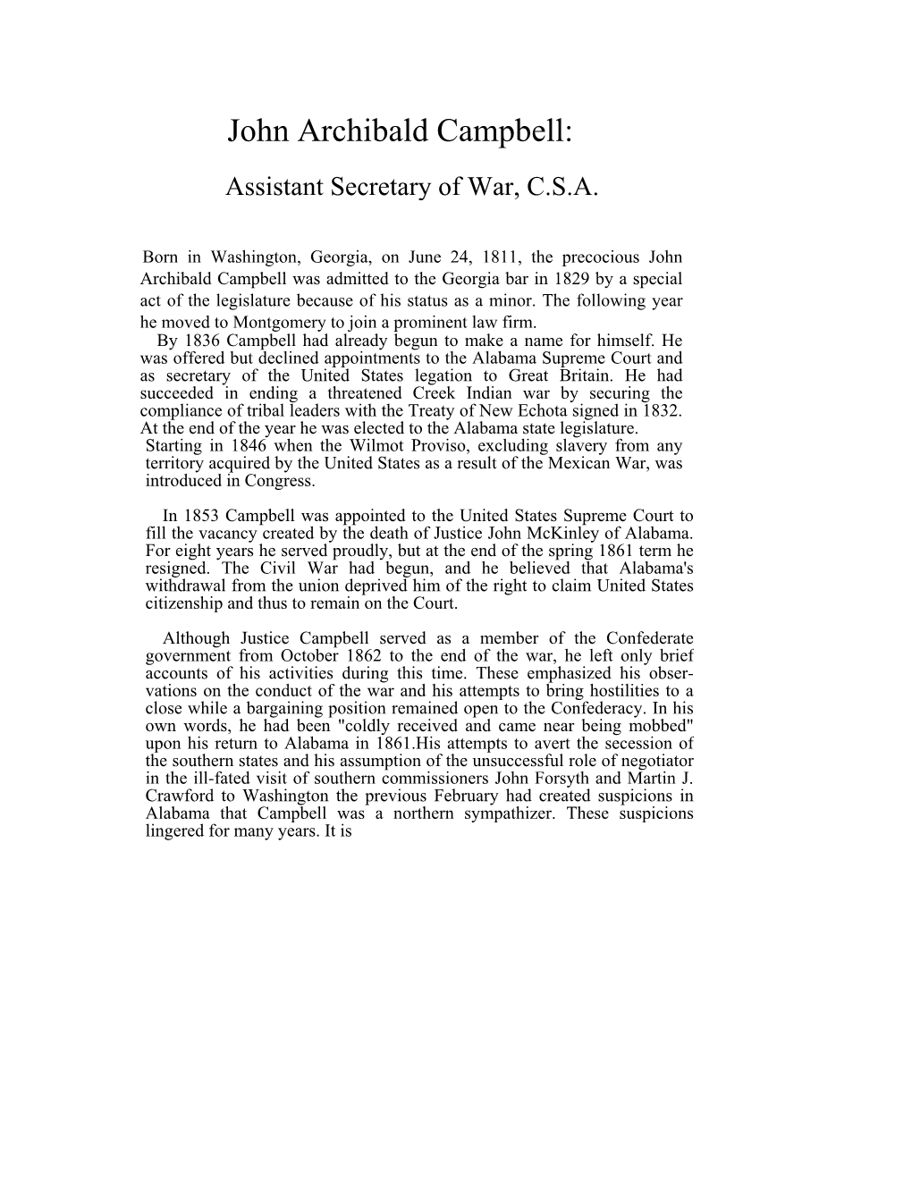 John Archibald Campbell: Assistant Secretary of War, C.S.A