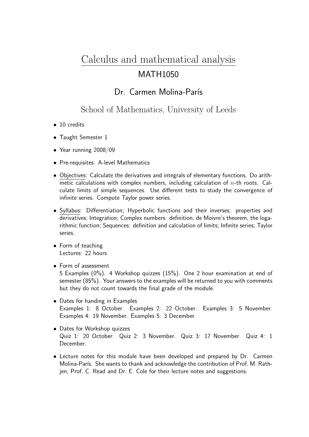 Calculus and Mathematical Analysis MATH1050 Dr