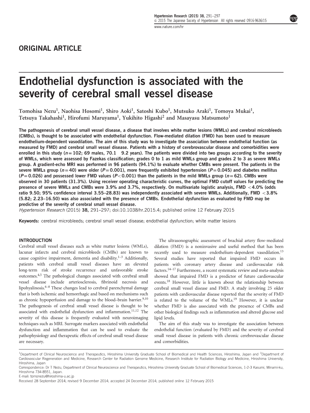 Endothelial Dysfunction Is Associated with the Severity of Cerebral Small Vessel Disease