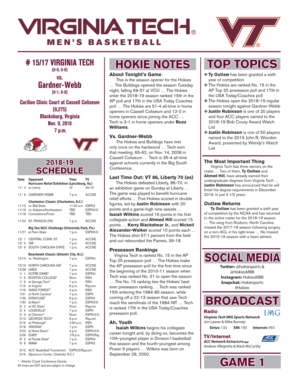 Top Topics Hokie Notes Broadcast Game 1 Social Media