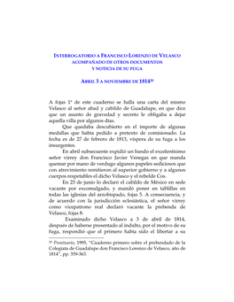 Interrogatorio a Francisco Lorenzo De Velasco Acompañado De Otros Documentos Y Noticia De Su Fuga