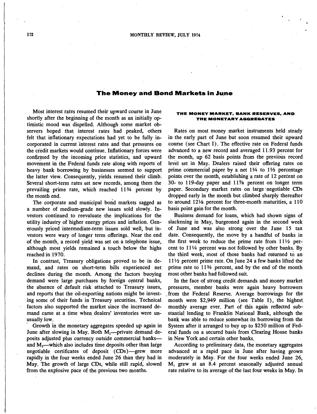 The Money and Bond Markets in June 1974