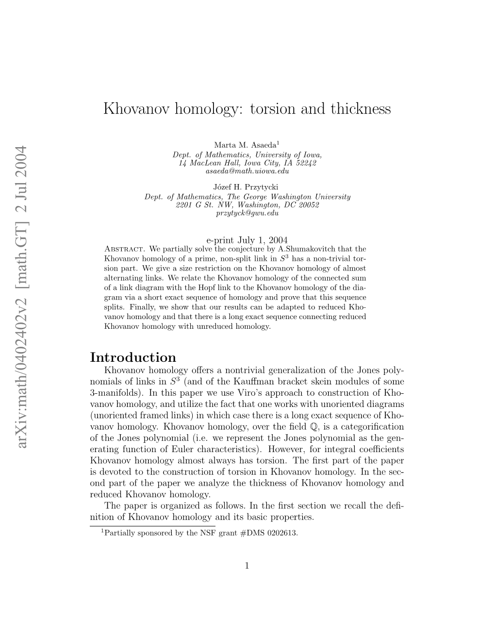 [Math.GT] 2 Jul 2004 Khovanov Homology: Torsion and Thickness