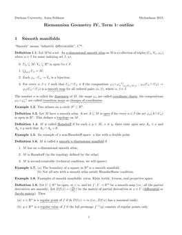 Riemannian Geometry IV, Term 1: Outline 1 Smooth Manifolds