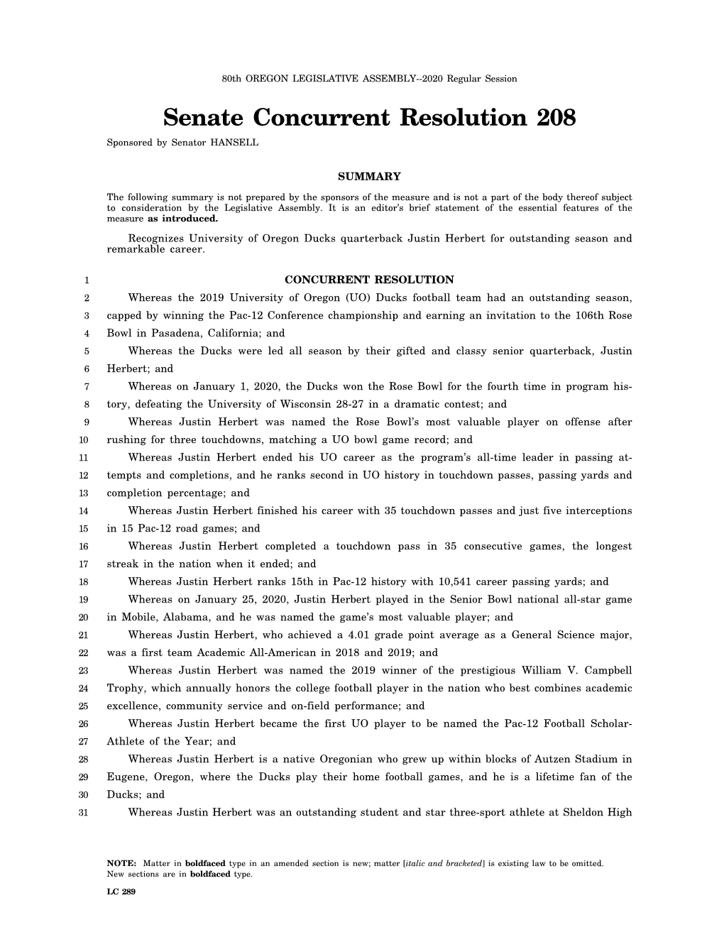 Senate Concurrent Resolution 208 Sponsored by Senator HANSELL