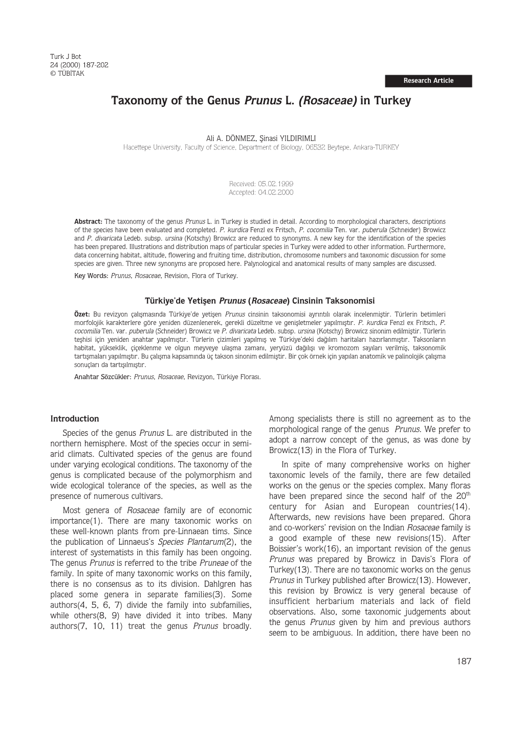 Taxonomy of the Genus Prunus L. (Rosaceae) in Turkey