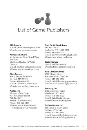 List of Game Publishers