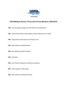 USTA/Midwest Section Tennis Hall of Fame Members (1984-2017)