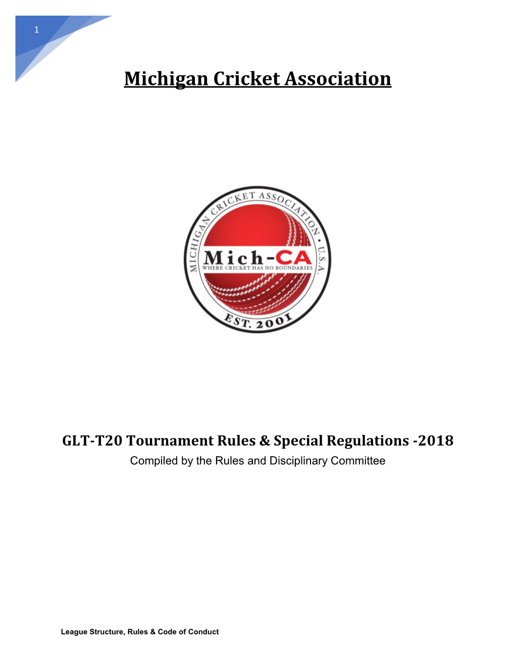 Michigan Cricket Association GLT-T20 Tournament Rules & Special Regulations