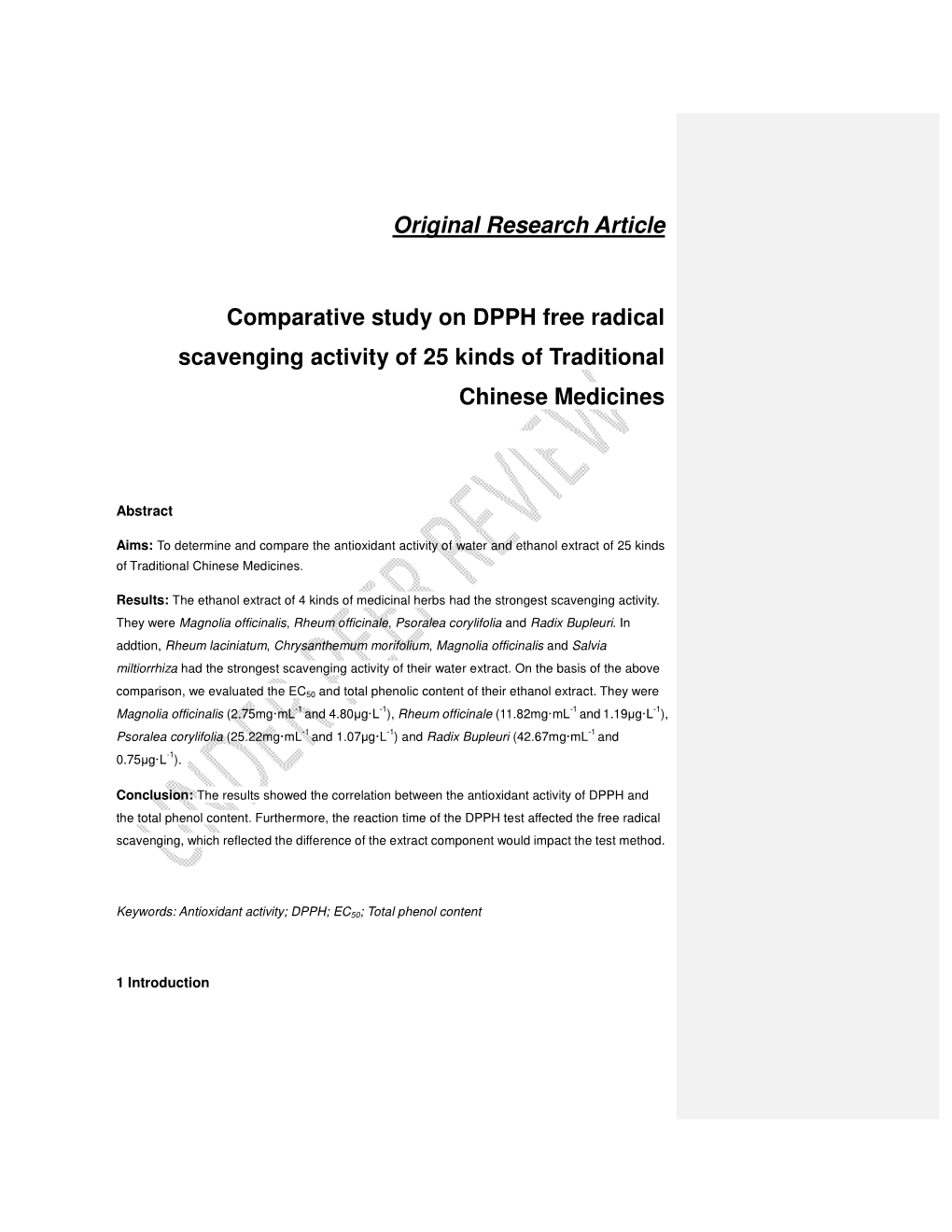 Original Research Article Comparative Study on DPPH Free Radical