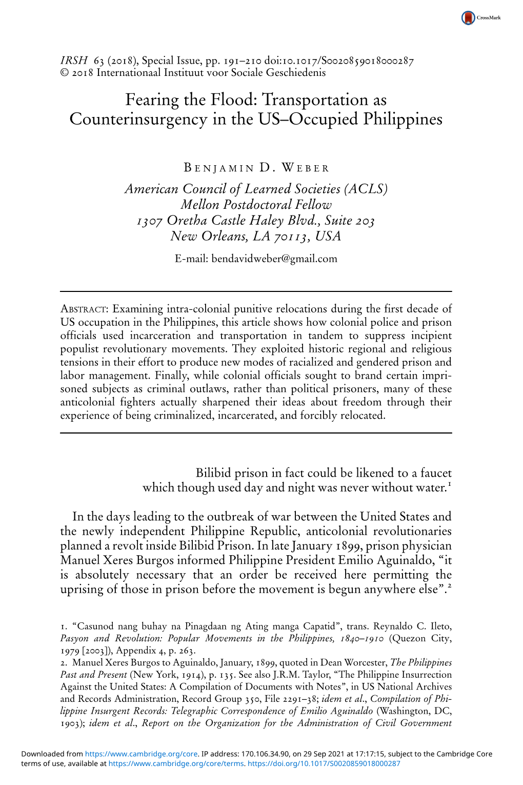 Fearing the Flood: Transportation As Counterinsurgency in the US–Occupied Philippines