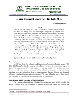 Jewish Movement Among the Chin-Kuki-Mizo