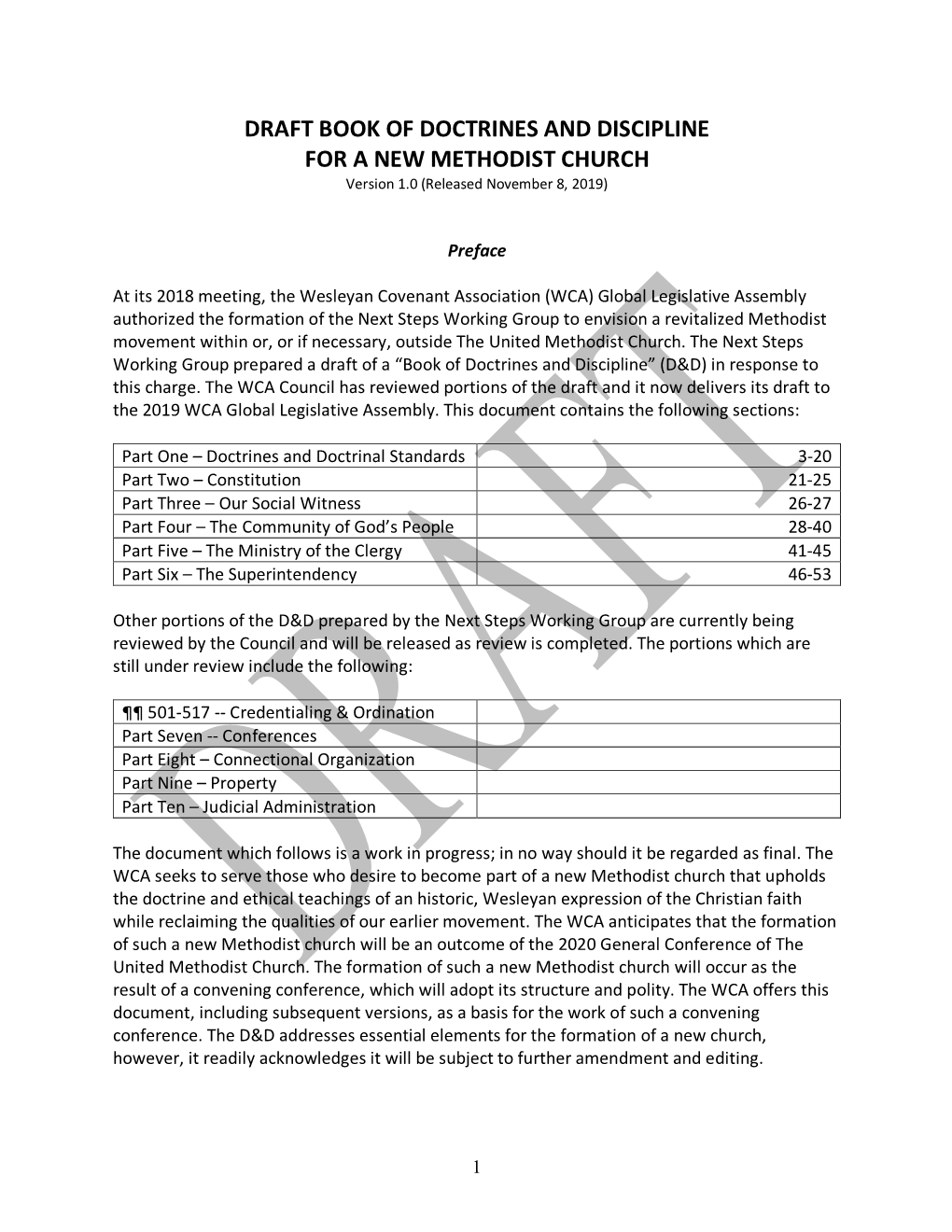 DRAFT BOOK of DOCTRINES and DISCIPLINE for a NEW METHODIST CHURCH Version 1.0 (Released November 8, 2019)