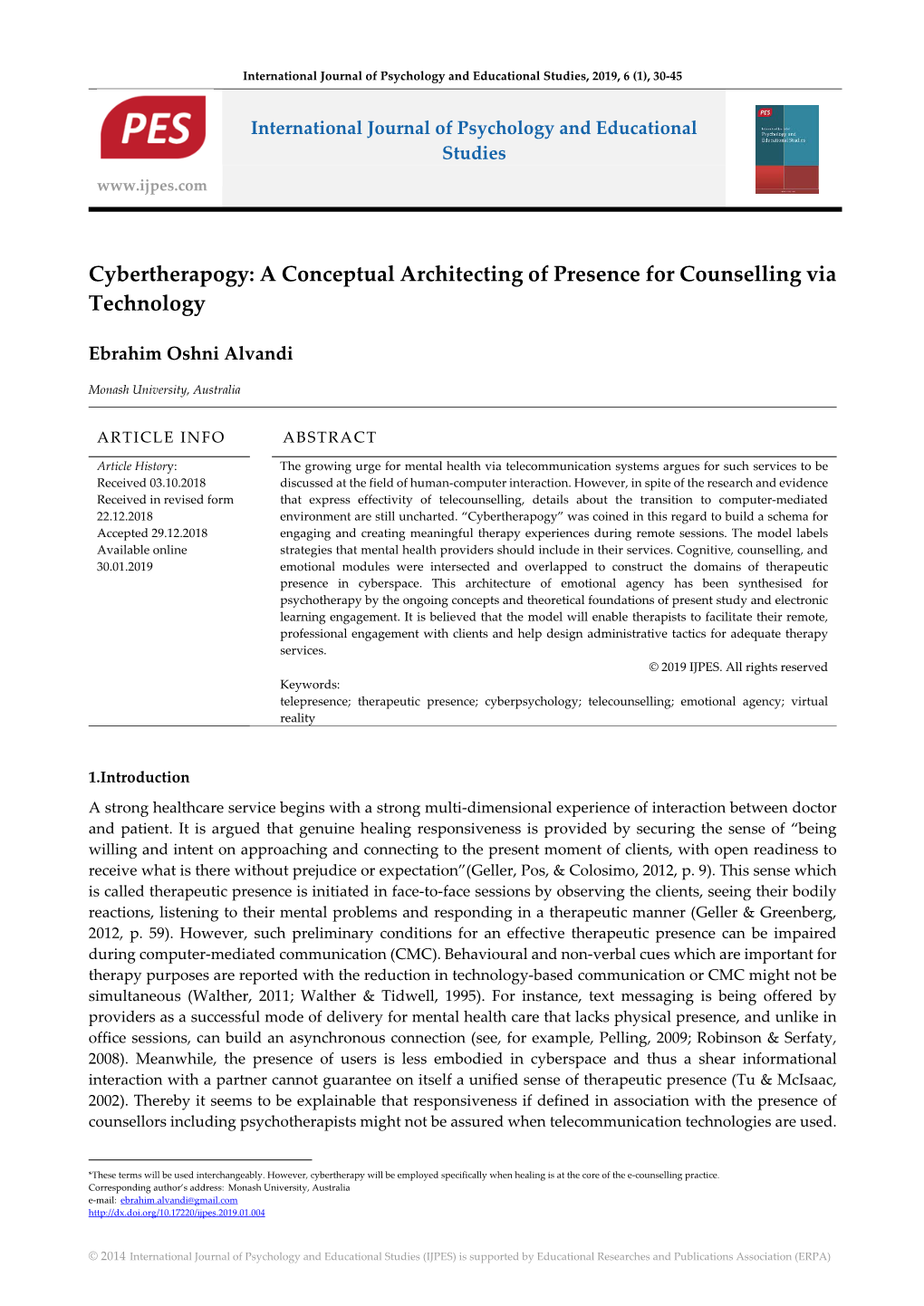 Cybertherapogy: a Conceptual Architecting of Presence for Counselling Via Technology