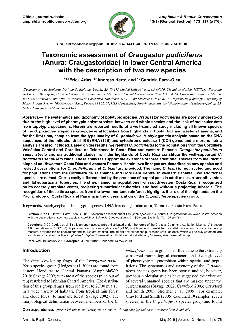 Taxonomic Assessment of Craugastor Podiciferus (Anura: Craugastoridae)