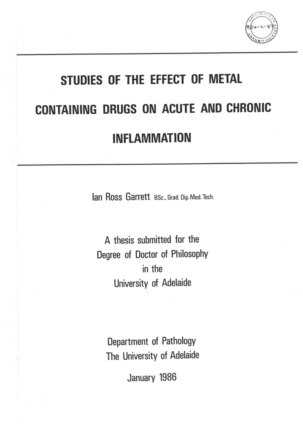 Studies of the Effect of Metal Containing Drugs on Acute and Chronic Inflammation