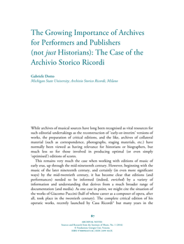 The Growing Importance of Archives for Performers and Publishers (Not Just Historians): the Case of the Archivio Storico Ricordi