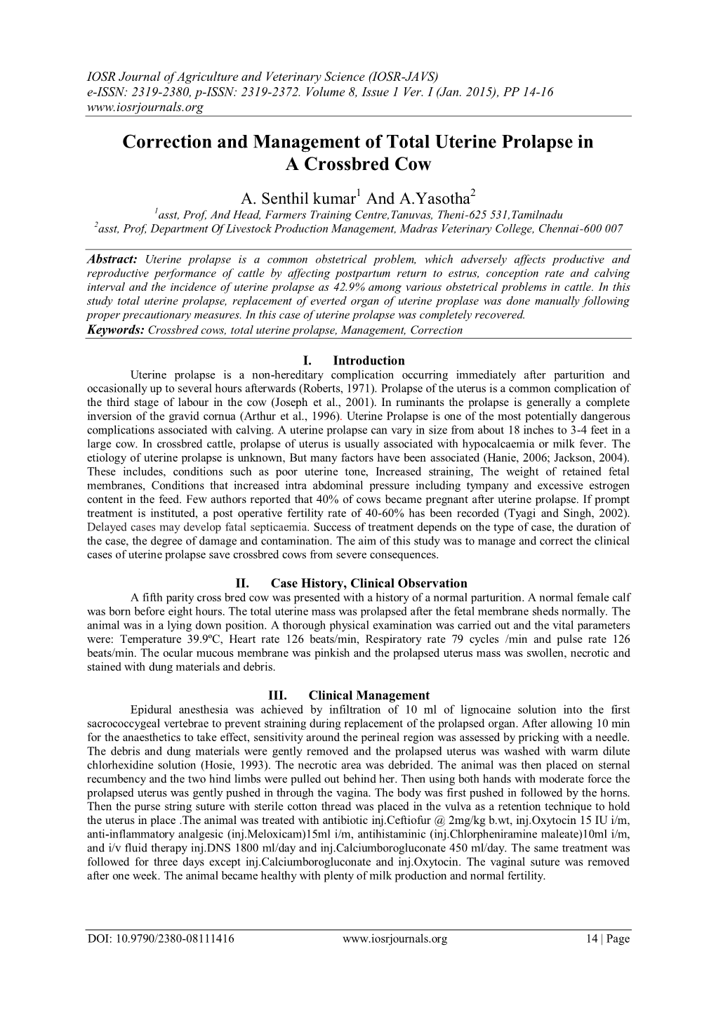 Correction and Management of Total Uterine Prolapse in a Crossbred Cow