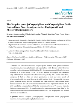 The Sesquiterpenes Β-Caryophyllene and Caryophyllene Oxide Isolated from Senecio Salignus Act As Phytogrowth and Photosynthesis Inhibitors