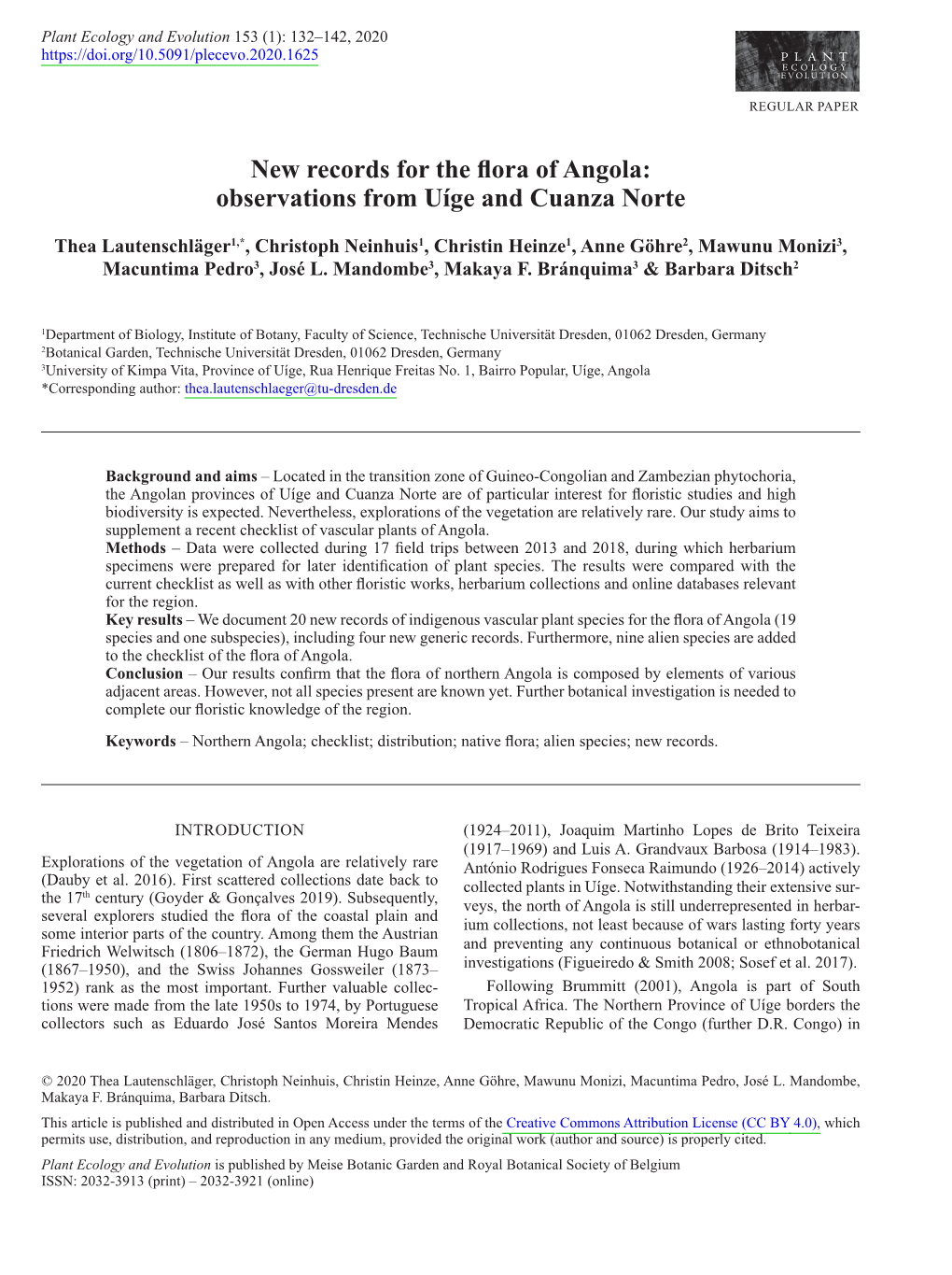 New Records for the Flora of Angola: Observations from Uíge and Cuanza Norte