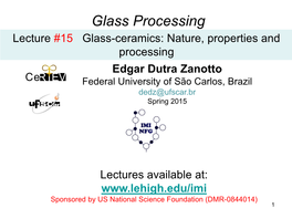 Glass Processing Lecture #15 Glass-Ceramics: Nature, Properties and Processing Edgar Dutra Zanotto Federal University of São Carlos, Brazil Dedz@Ufscar.Br Spring 2015
