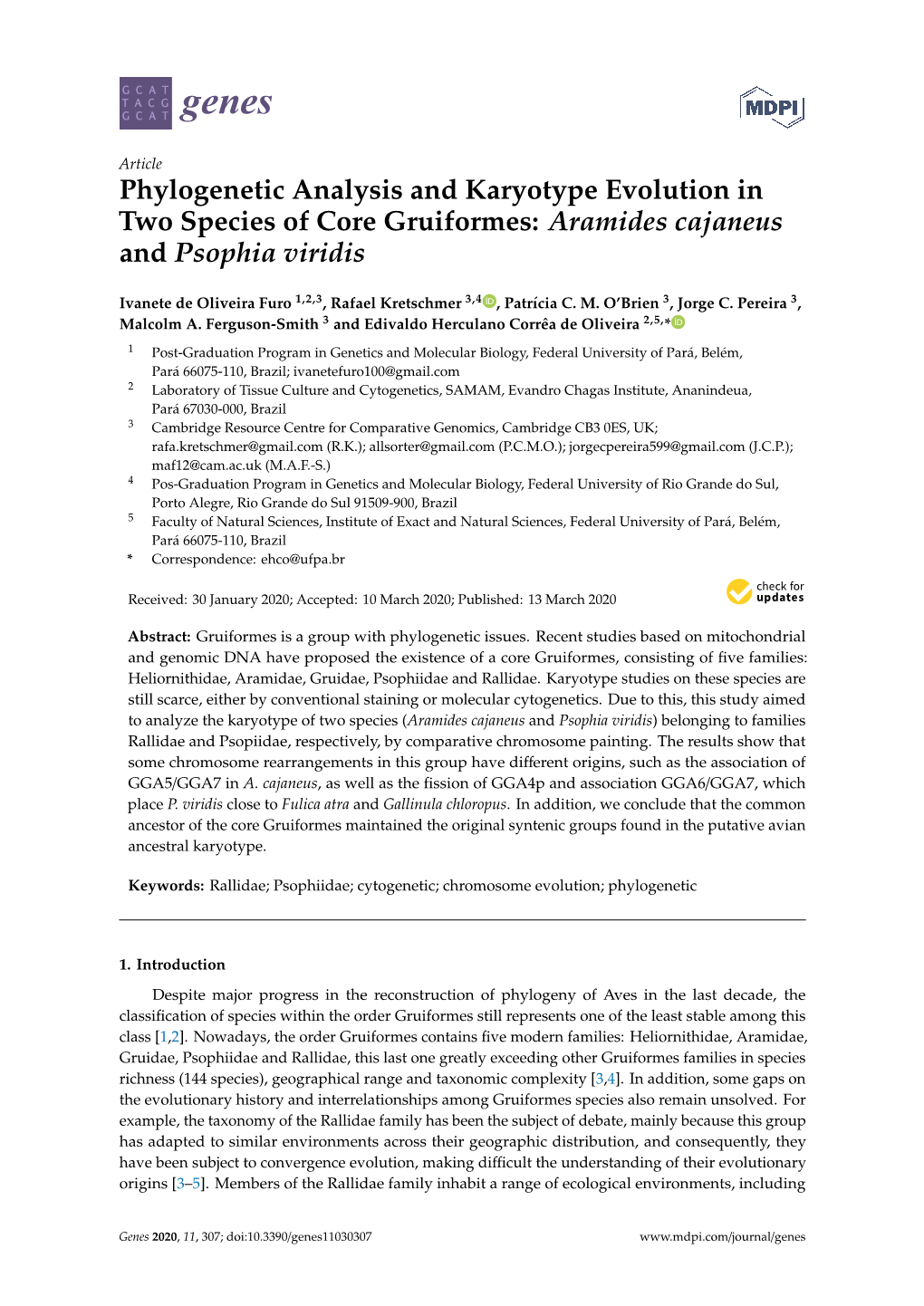 Phylogenetic Analysis and Karyotype Evolution in Two Species of Core Gruiformes: Aramides Cajaneus and Psophia Viridis